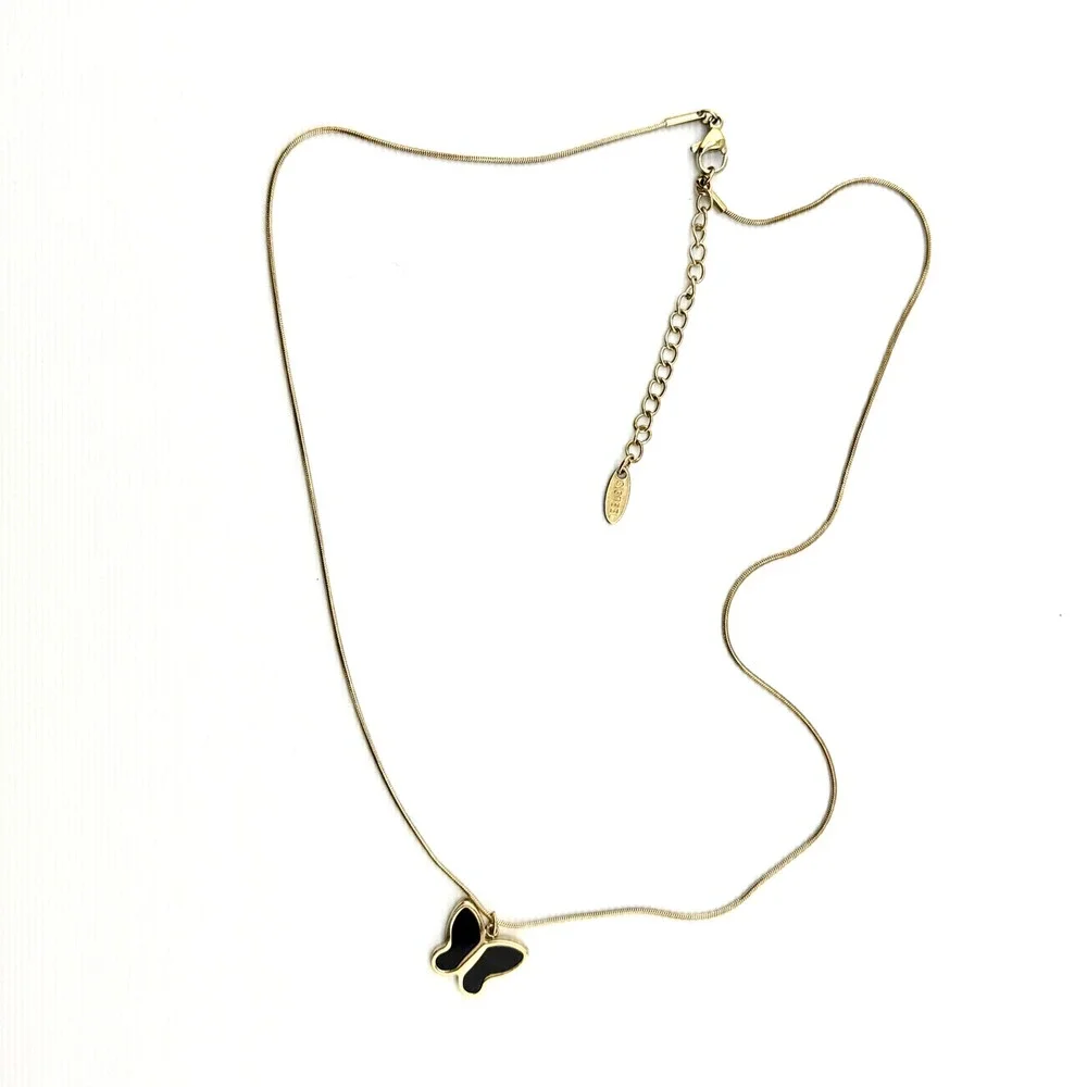 Gold‎ Tone Butterfly Pendant Necklace Black Inlay Snake Chain